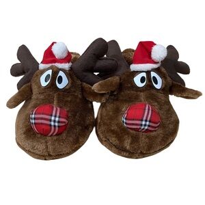 Joe Boxer Brown Red Christmas Reindeer Slippers Ladies 7/8